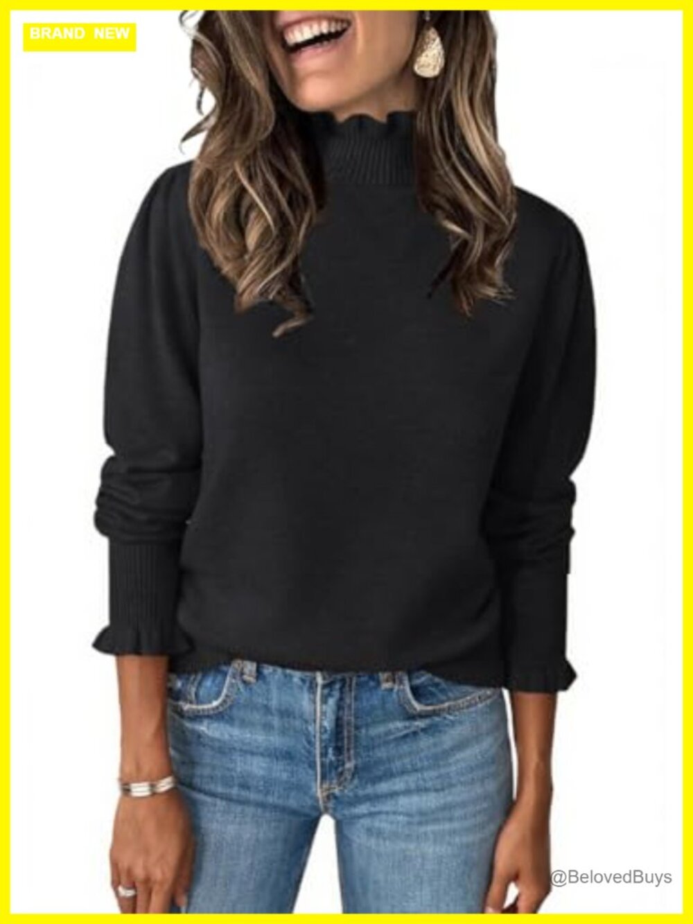 Womens Ruffle Mock Neck Sweater Puff Long Sleeve Pullover Top